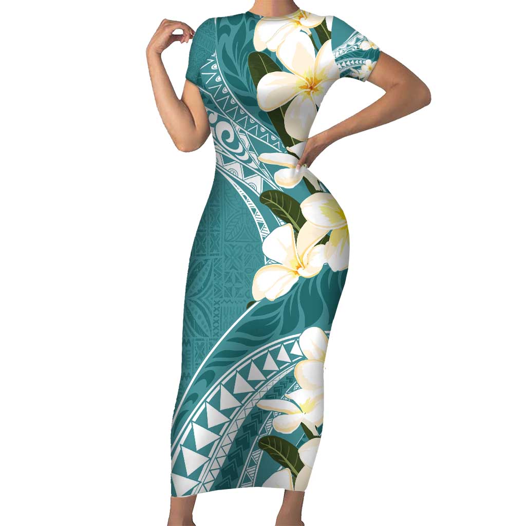 Aloha Hawaii Festive Short Sleeve Bodycon Dress Frangipani Lace Classic - Teal LT7 Long Dress Teal - Polynesian Pride