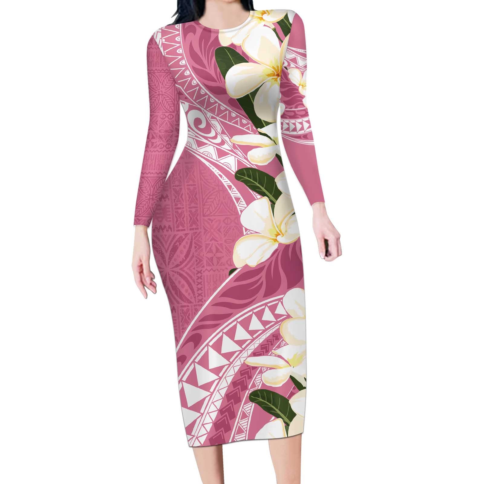 Aloha Hawaii Festive Long Sleeve Bodycon Dress Frangipani Lace Classic - Rosy LT7 Long Dress Pink - Polynesian Pride