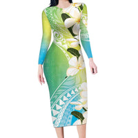 Aloha Hawaii Festive Long Sleeve Bodycon Dress Frangipani Lace Classic - Summer Vibes LT7 Long Dress Blue Green - Polynesian Pride
