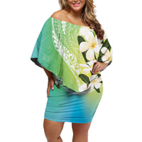 Aloha Hawaii Festive Off Shoulder Short Dress Frangipani Lace Classic - Summer Vibes LT7 Women Blue Green - Polynesian Pride
