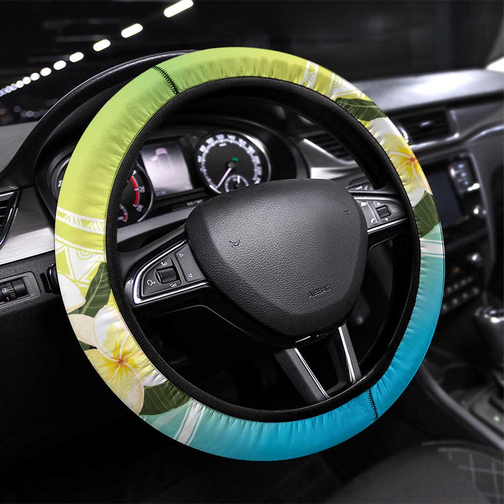 Aloha Hawaii Festive Steering Wheel Cover Frangipani Lace Classic - Summer Vibes LT7 Universal Fit Blue Green - Polynesian Pride