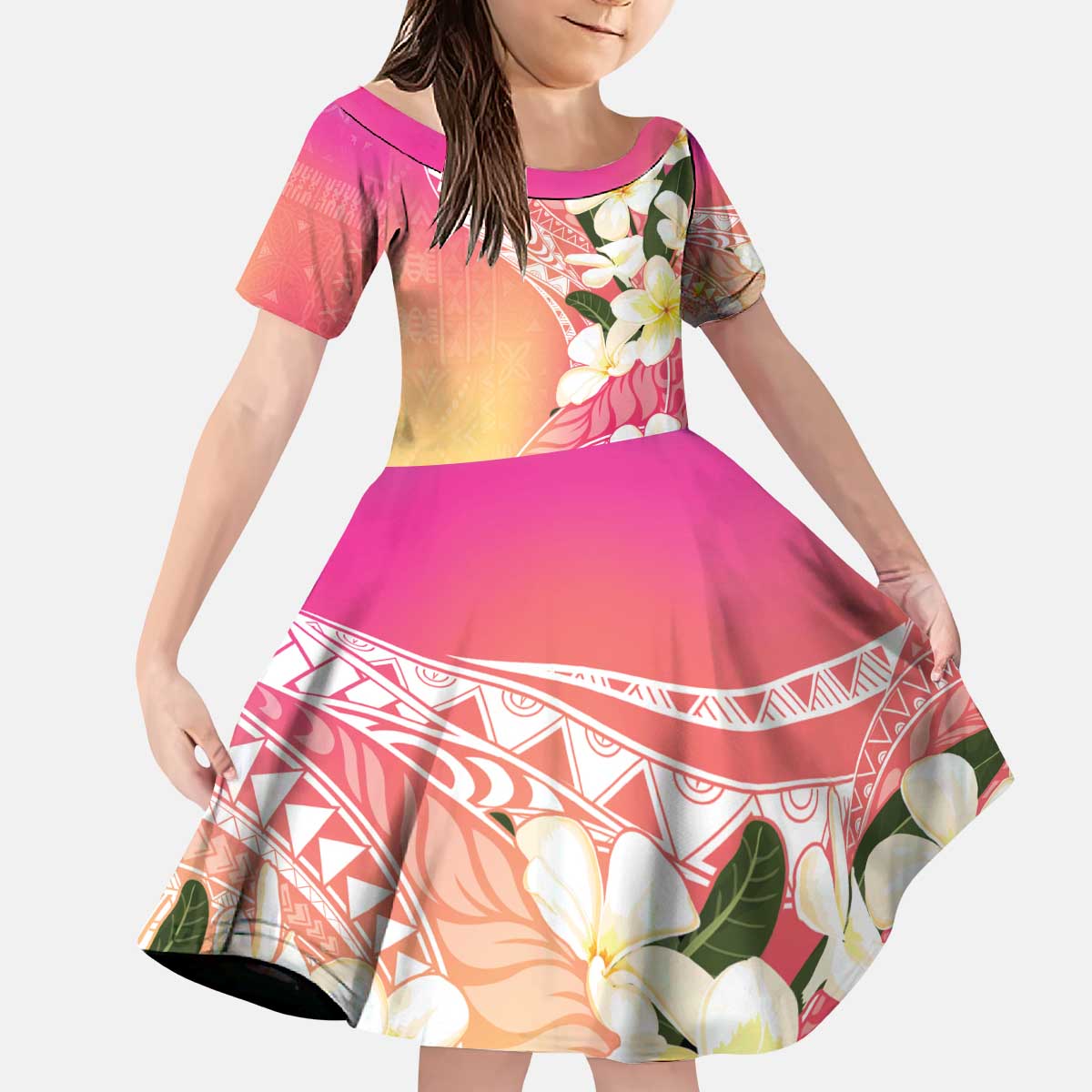 Aloha Hawaii Festive Kid Short Sleeve Dress Frangipani Lace Classic - Spring Vibes LT7 KID Colorful - Polynesian Pride