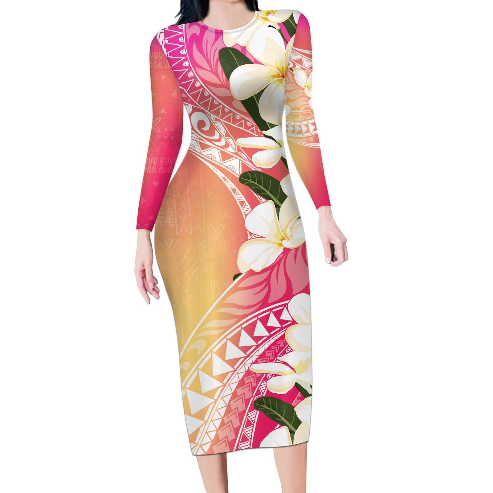 Aloha Hawaii Festive Long Sleeve Bodycon Dress Frangipani Lace Classic - Spring Vibes LT7 Long Dress Colorful - Polynesian Pride