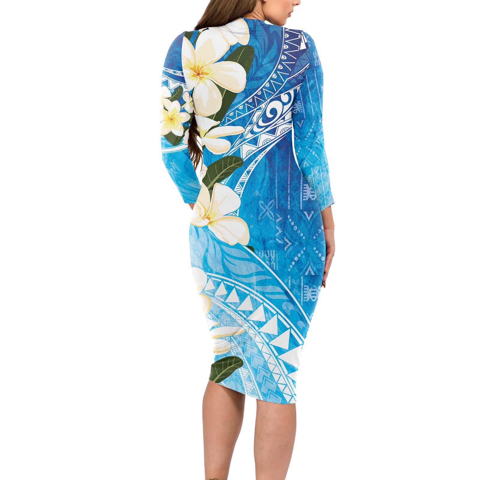 Aloha Hawaii Festive Long Sleeve Bodycon Dress Frangipani Lace Classic - Oceanic LT7 - Polynesian Pride