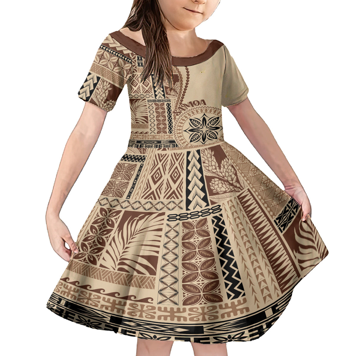 Samoa Siapo Motif Kid Short Sleeve Dress Classic Style LT7 KID Beige - Polynesian Pride