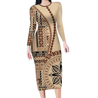 Samoa Siapo Motif Long Sleeve Bodycon Dress Classic Style LT7 Long Dress Beige - Polynesian Pride