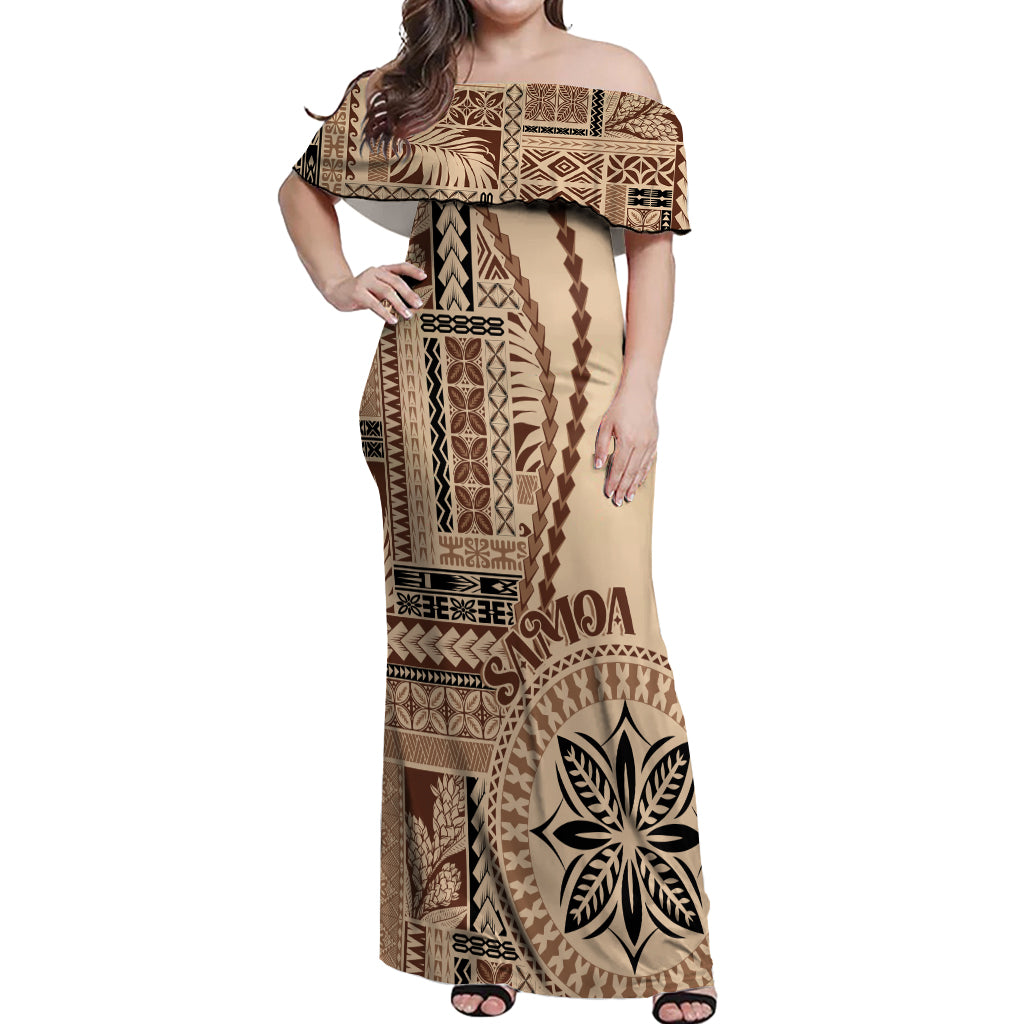 Samoa Siapo Motif Off Shoulder Maxi Dress Classic Style LT7 Women Beige - Polynesian Pride