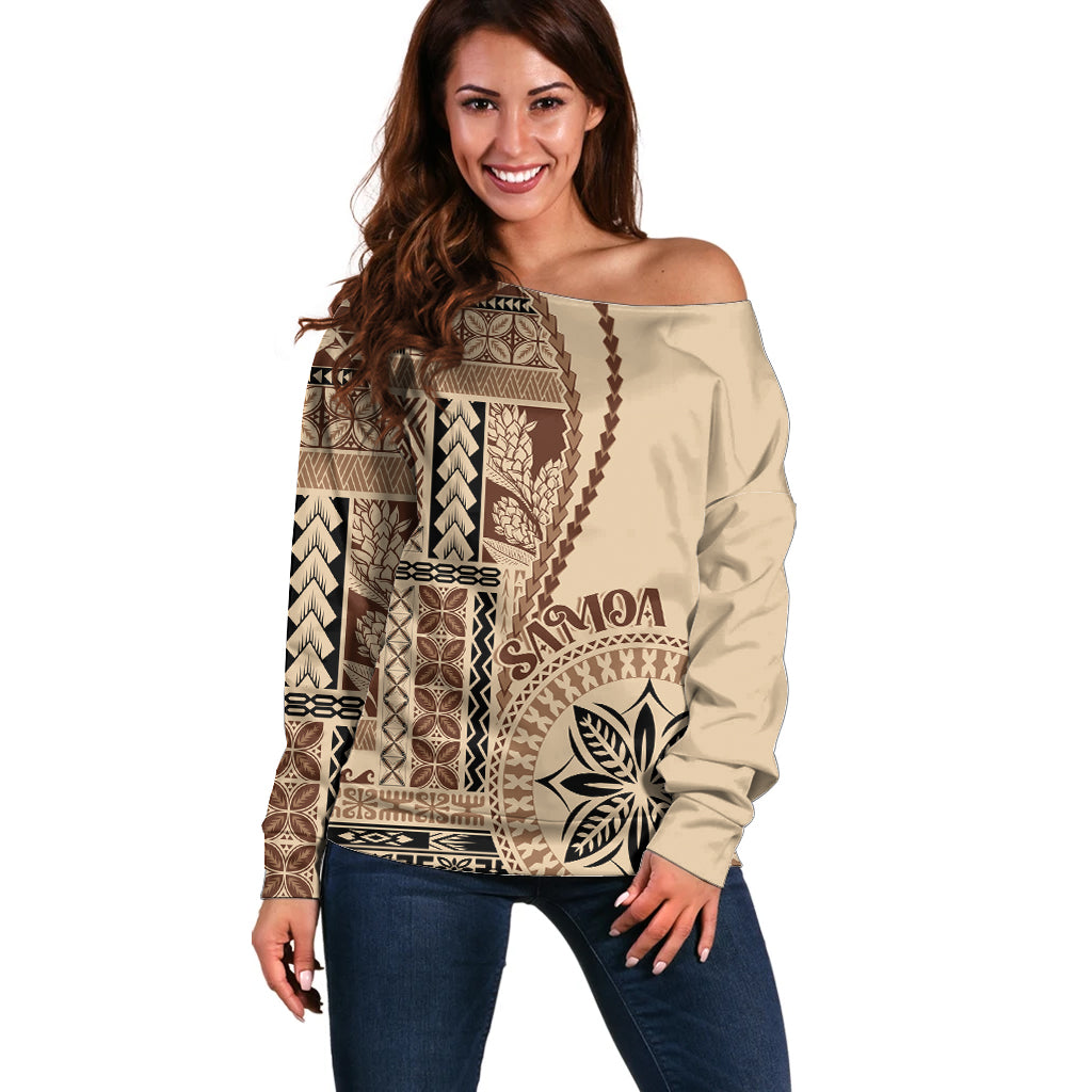 Samoa Siapo Motif Off Shoulder Sweater Classic Style LT7 Women Beige - Polynesian Pride
