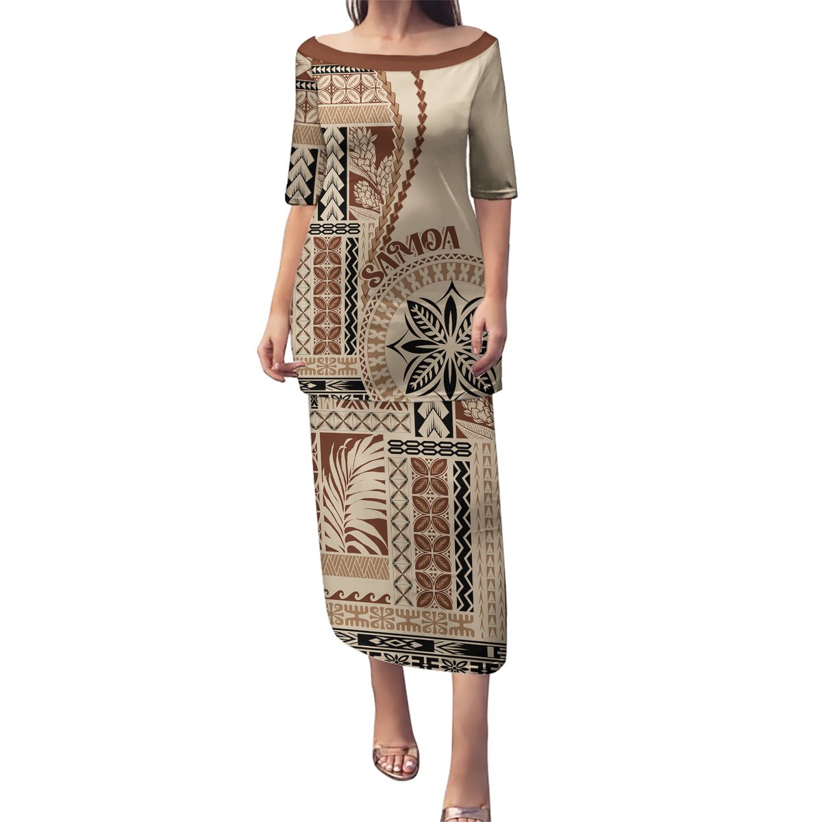 Samoa Siapo Motif Puletasi Classic Style LT7 Long Dress Beige - Polynesian Pride