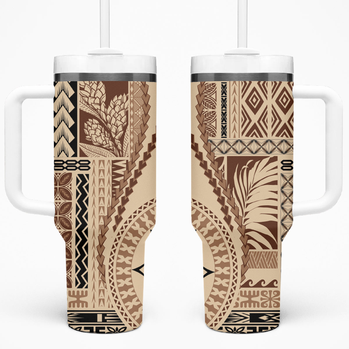 Samoa Siapo Motif Tumbler With Handle Classic Style LT7 One Size: 40 oz Beige - Polynesian Pride