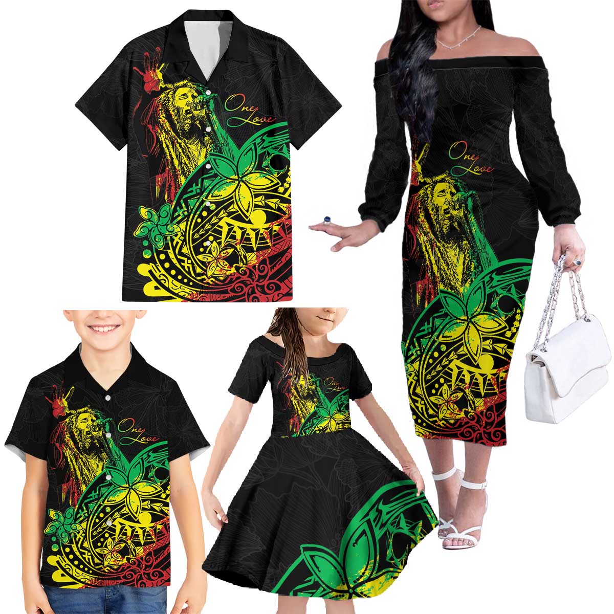 Personalised Reggae Jawaiian Festive Family Matching Off The Shoulder Long Sleeve Dress and Hawaiian Shirt Mix Polynesian