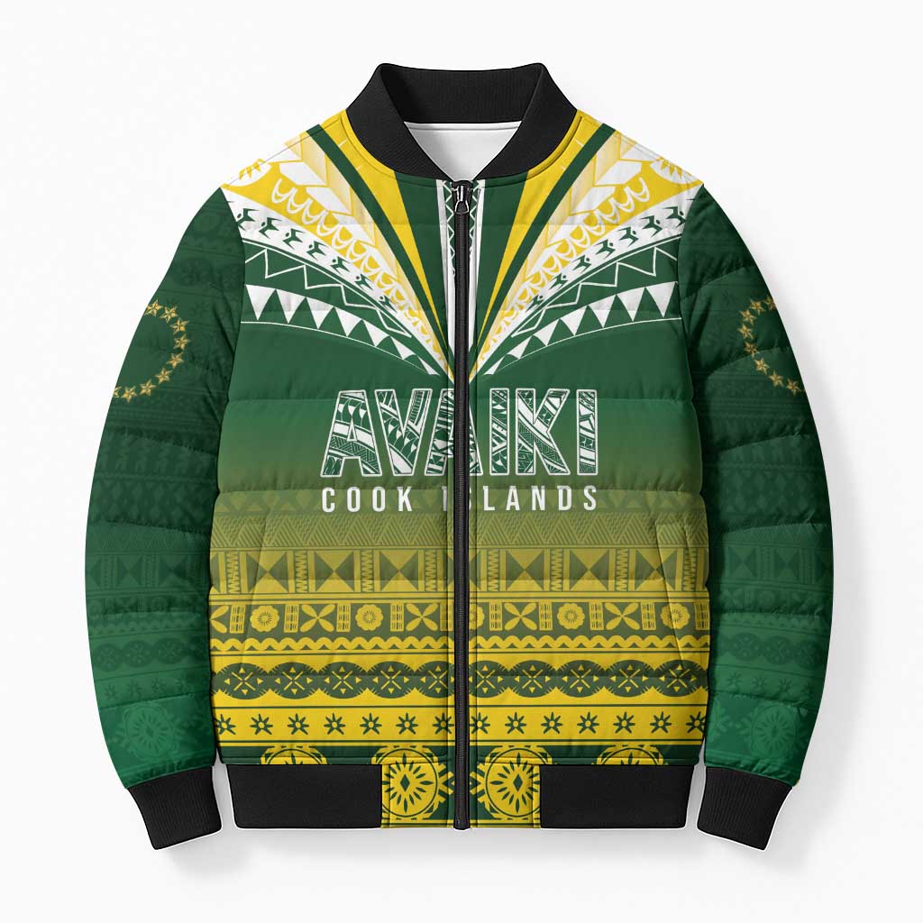 Cook Islands Rugby Custom Bomber Puffer Jacket Kuki Avaiki LT7 Unisex Yellow Green - Polynesian Pride