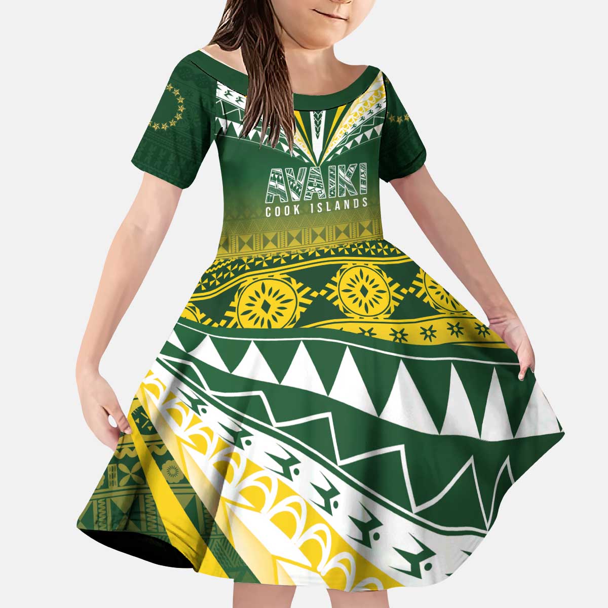 Cook Islands Rugby Custom Kid Short Sleeve Dress Kuki Avaiki LT7 KID Yellow Green - Polynesian Pride