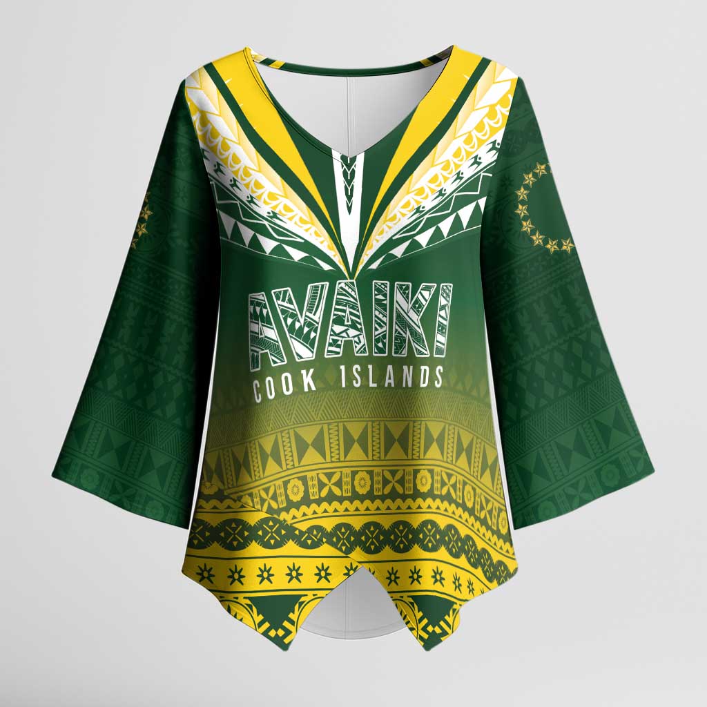 Cook Islands Rugby Custom Kimono Sleeve Blouse Kuki Avaiki LT7 Female Yellow Green - Polynesian Pride