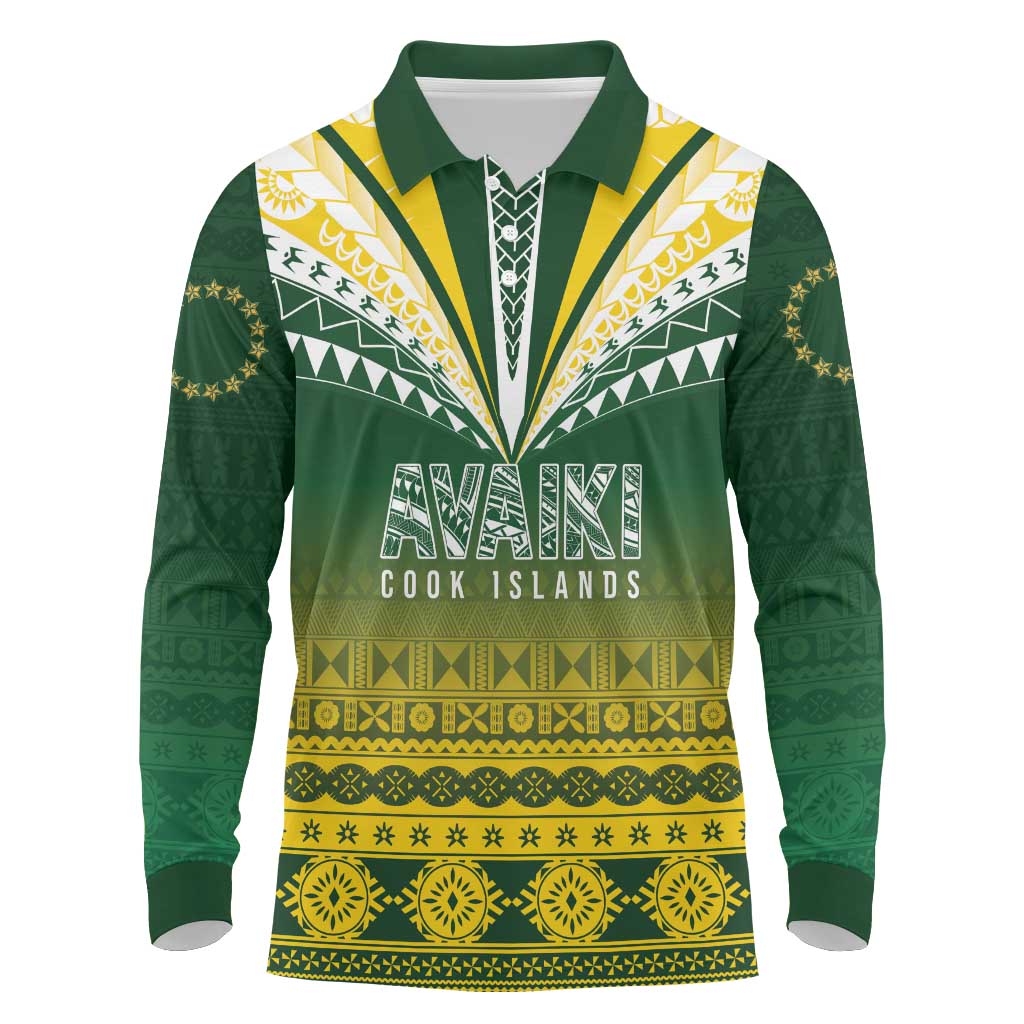 Cook Islands Rugby Custom Long Sleeve Polo Shirt Kuki Avaiki LT7 Yellow Green - Polynesian Pride