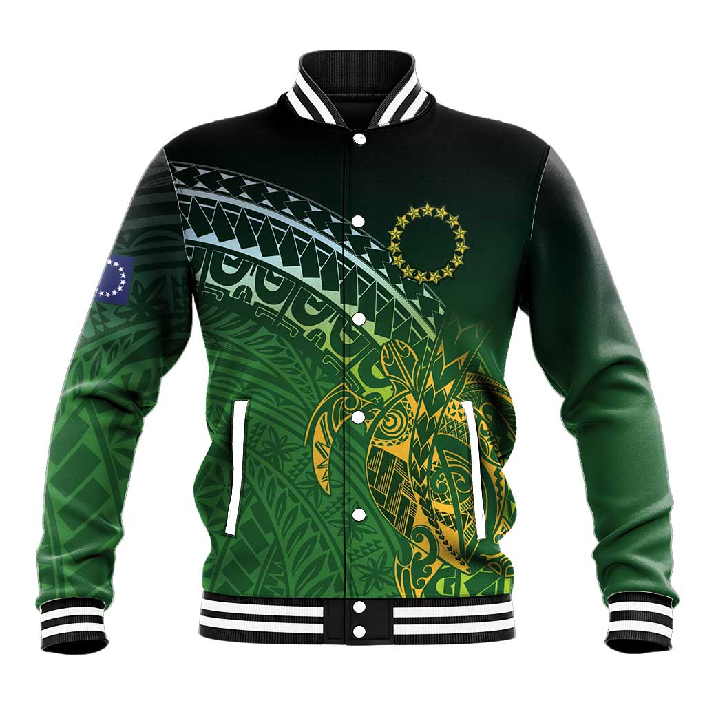 Cook Islands Rugby Kuki Avaiki Baseball Jacket Tribal Turtle LT7 Unisex Dark Green - Polynesian Pride
