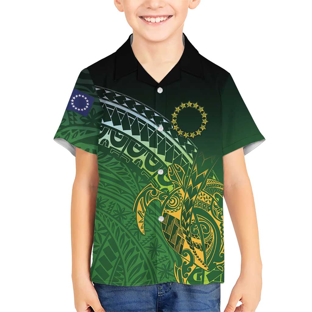 Cook Islands Rugby Kuki Avaiki Kid Hawaiian Shirt Tribal Turtle LT7 Kid Dark Green - Polynesian Pride