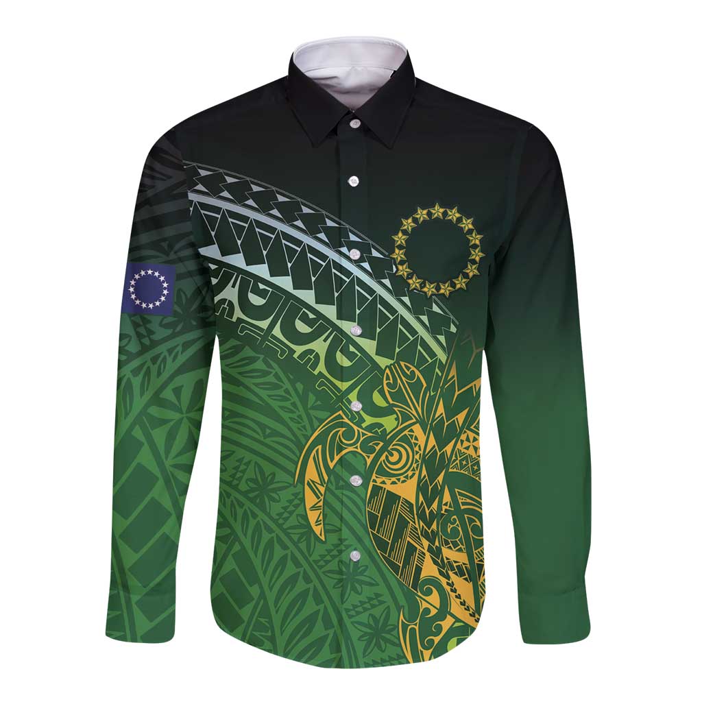 Cook Islands Rugby Kuki Avaiki Long Sleeve Button Shirt Tribal Turtle LT7 Unisex Dark Green - Polynesian Pride