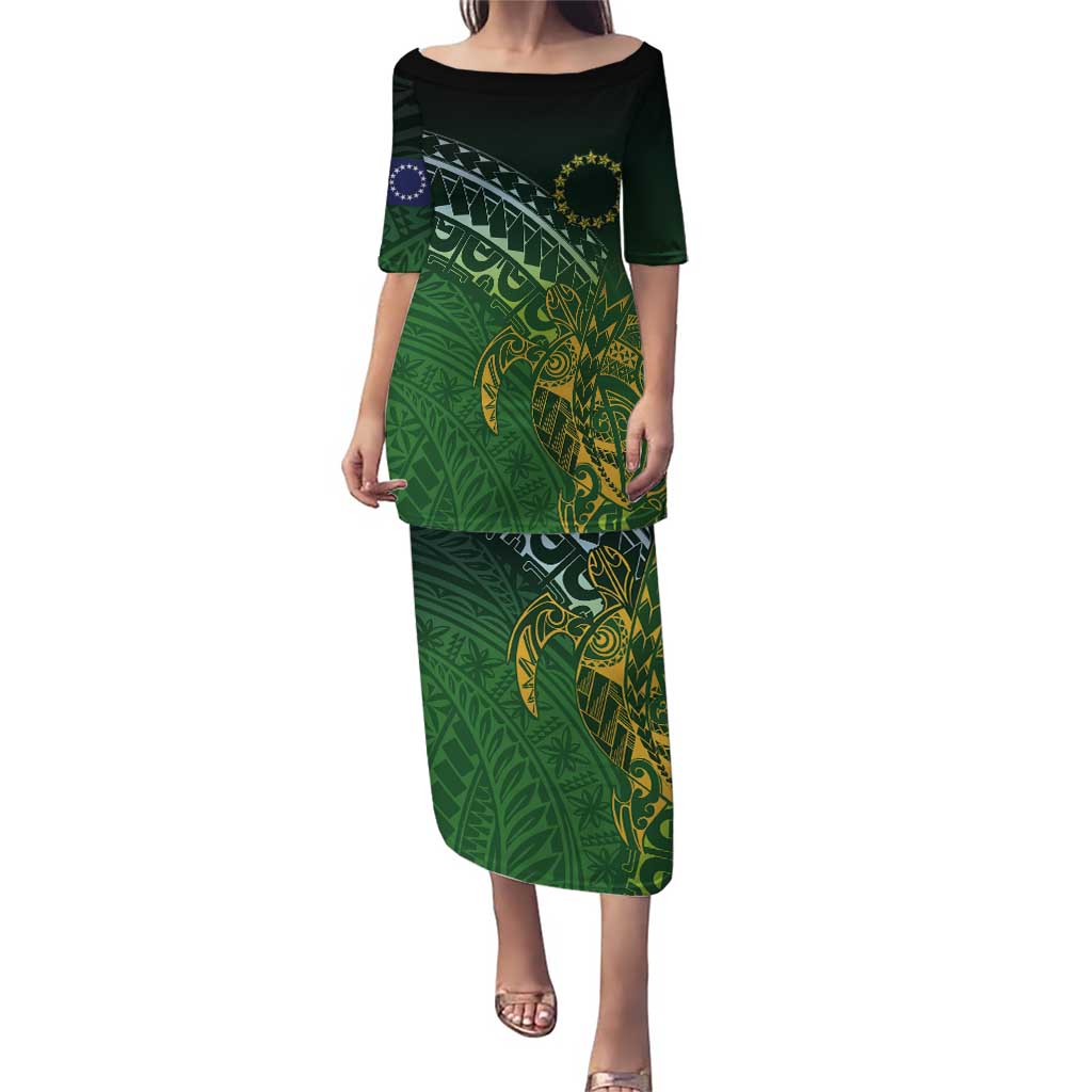Cook Islands Rugby Kuki Avaiki Puletasi Tribal Turtle LT7 Long Dress Dark Green - Polynesian Pride