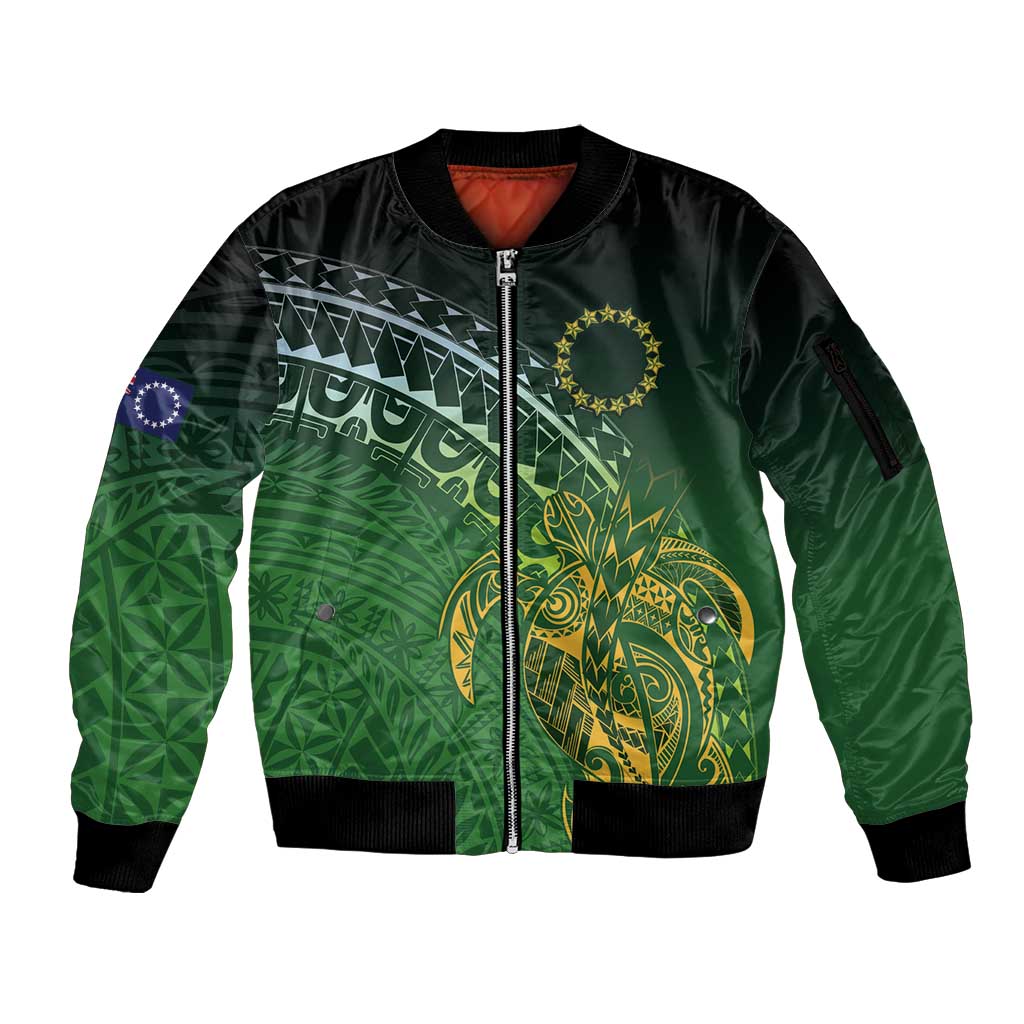 Cook Islands Rugby Kuki Avaiki Sleeve Zip Bomber Jacket Tribal Turtle LT7 Unisex Dark Green - Polynesian Pride