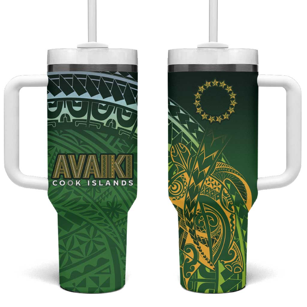 Cook Islands Rugby Kuki Avaiki Tumbler With Handle Tribal Turtle LT7 One Size: 40 oz Dark Green - Polynesian Pride