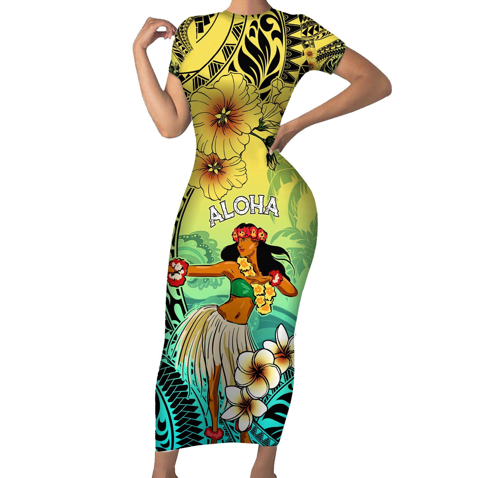 Honolulu Hawaii Short Sleeve Bodycon Dress Ilima Plumeria with Hula Girl LT7 Long Dress Colorful - Polynesian Pride