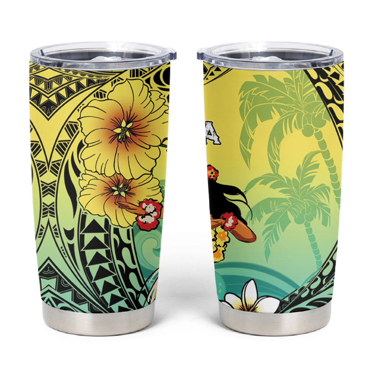 Honolulu Hawaii Tumbler Cup Ilima Plumeria with Hula Girl LT7 Colorful - Polynesian Pride