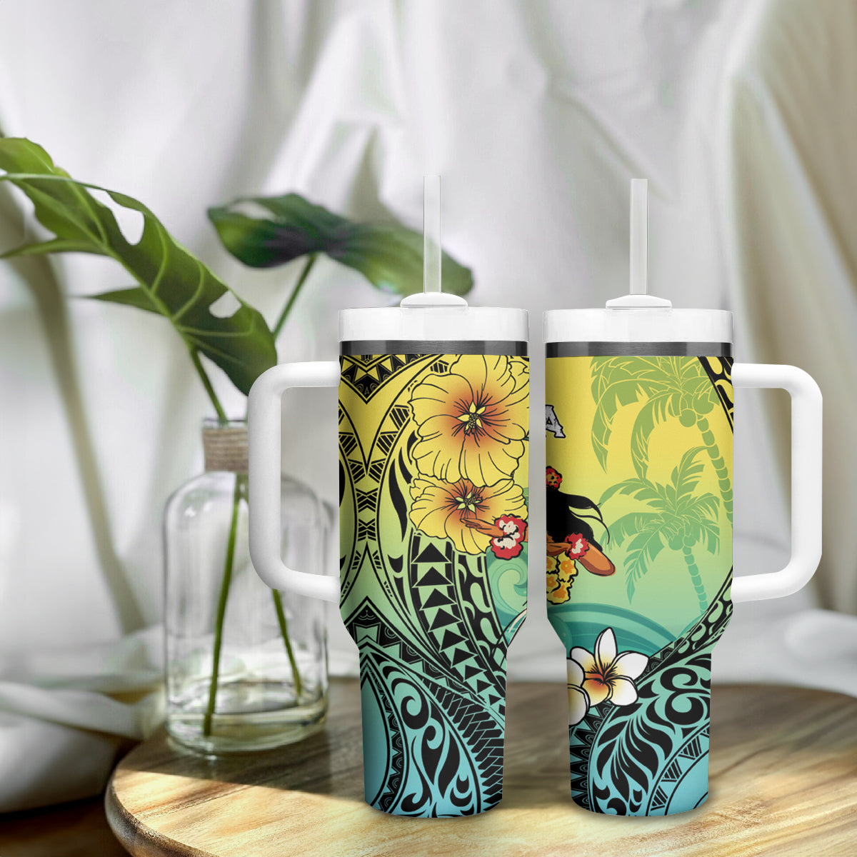 Honolulu Hawaii Tumbler With Handle Ilima Plumeria with Hula Girl LT7 - Polynesian Pride