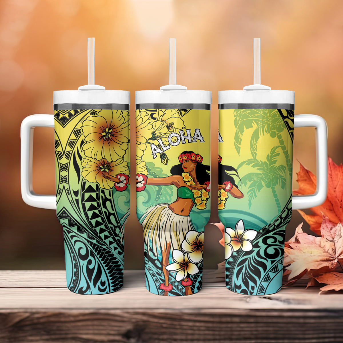 Honolulu Hawaii Tumbler With Handle Ilima Plumeria with Hula Girl LT7 - Polynesian Pride