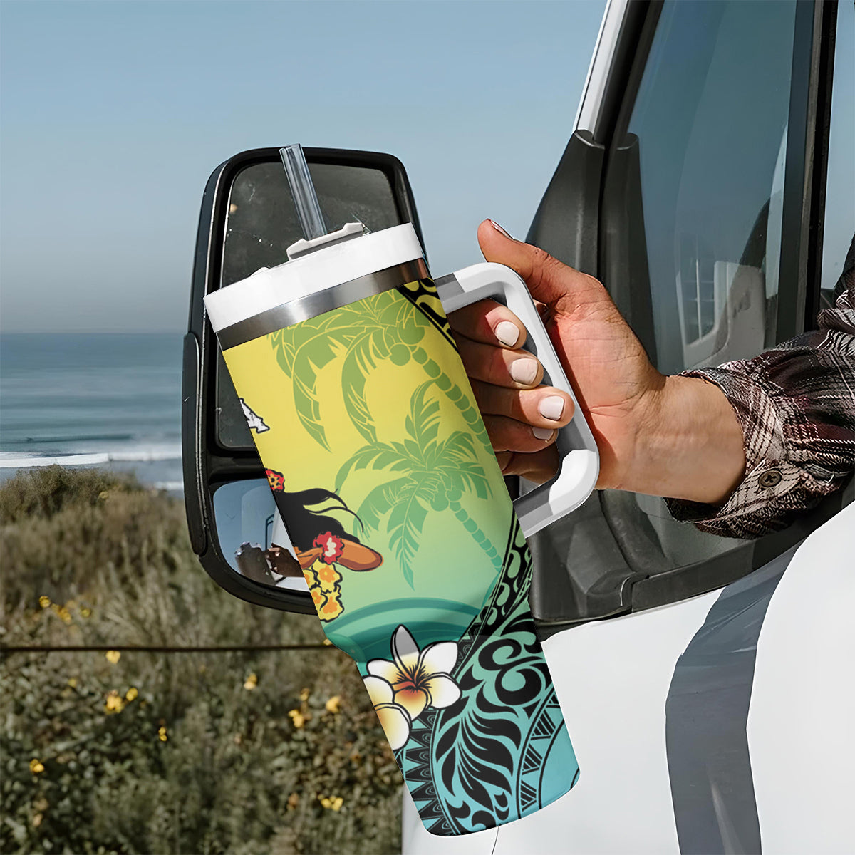 Honolulu Hawaii Tumbler With Handle Ilima Plumeria with Hula Girl LT7 - Polynesian Pride