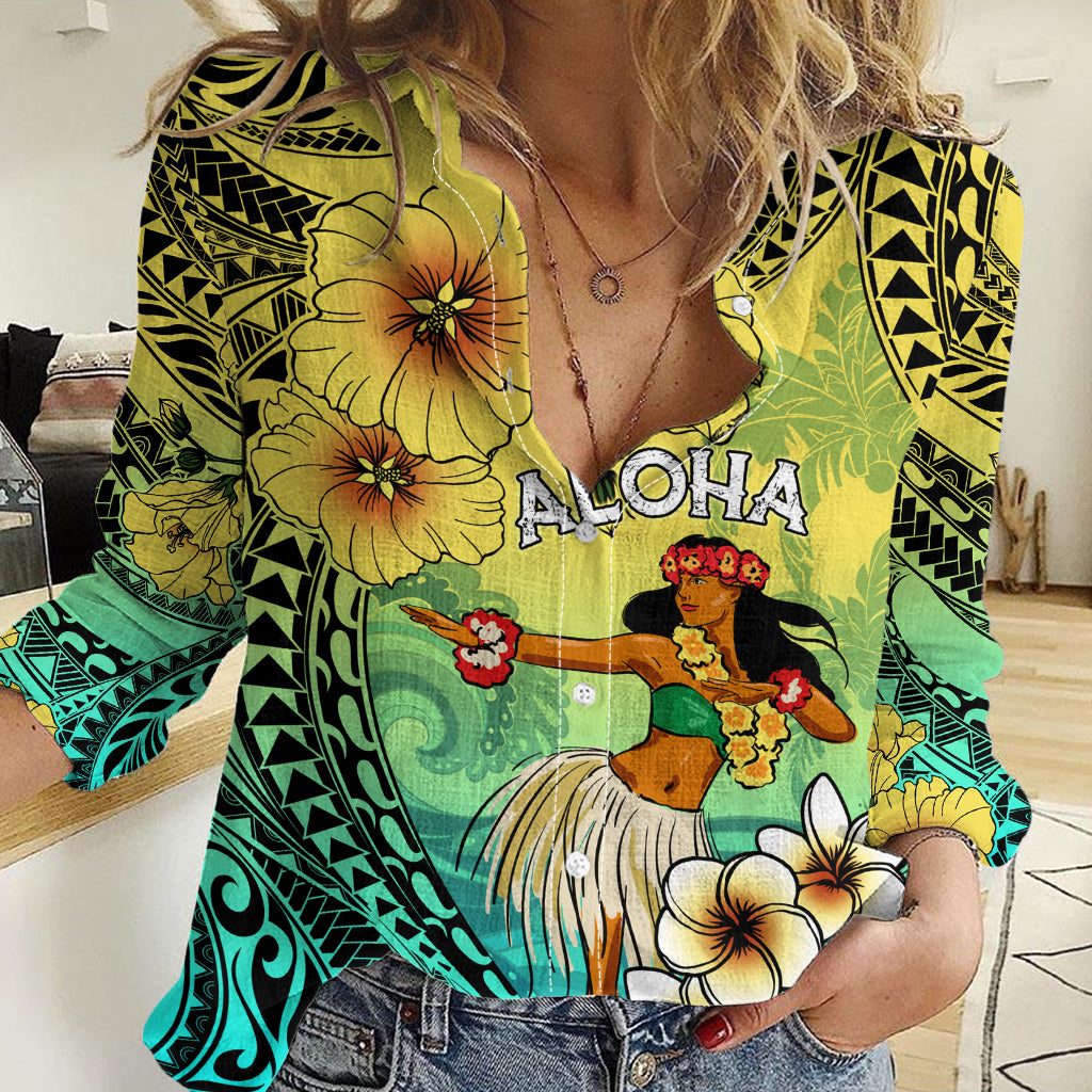Honolulu Hawaii Women Casual Shirt Ilima Plumeria with Hula Girl LT7 Female Colorful - Polynesian Pride