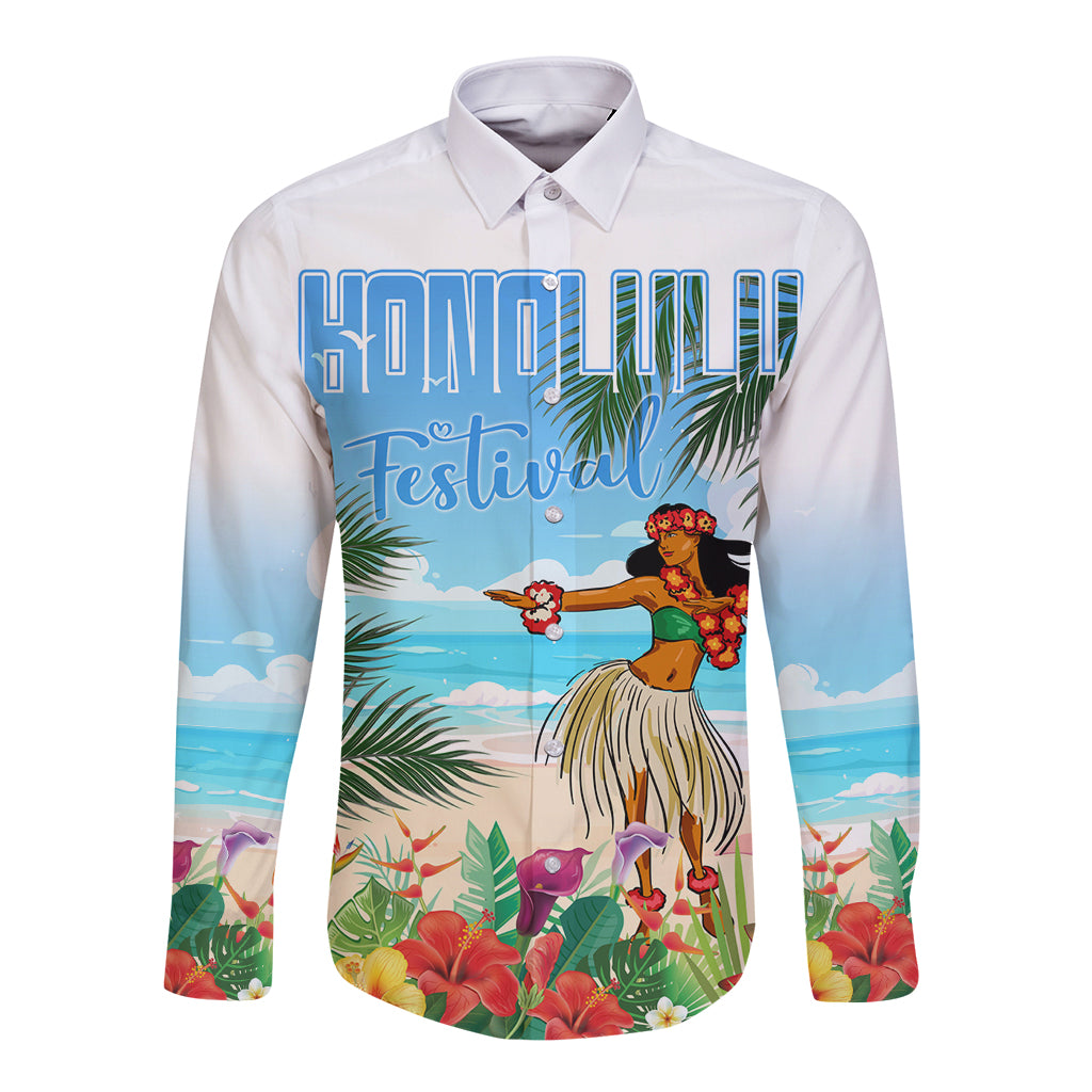 Personalised Hawaii Hula Girl Long Sleeve Button Shirt Honolulu Festival LT7 Unisex Art - Polynesian Pride