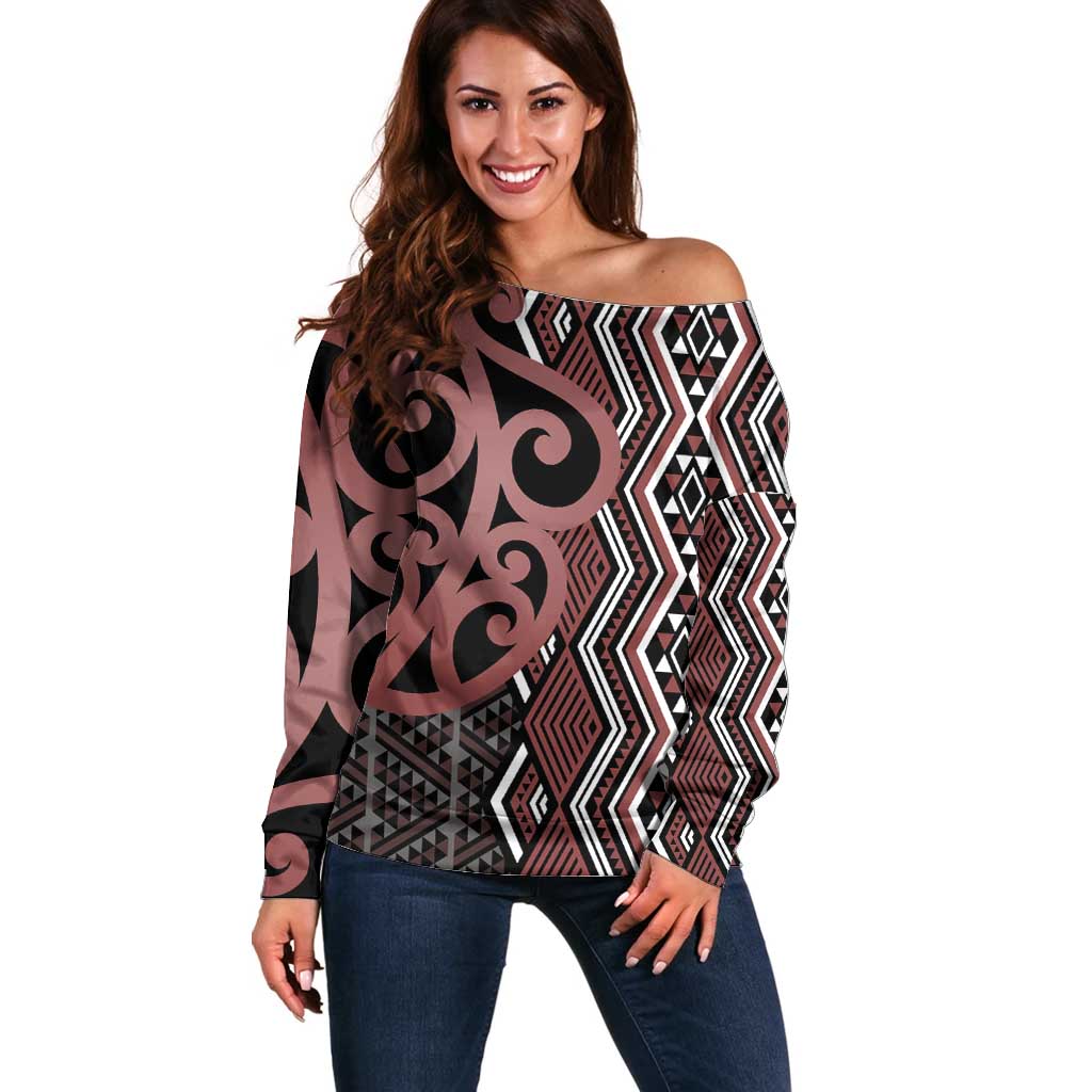 Maori Taniko Patterns Off Shoulder Sweater Brown Patiki Motifs Mix Whakairo Ngaru LT7 Women Brown - Polynesian Pride