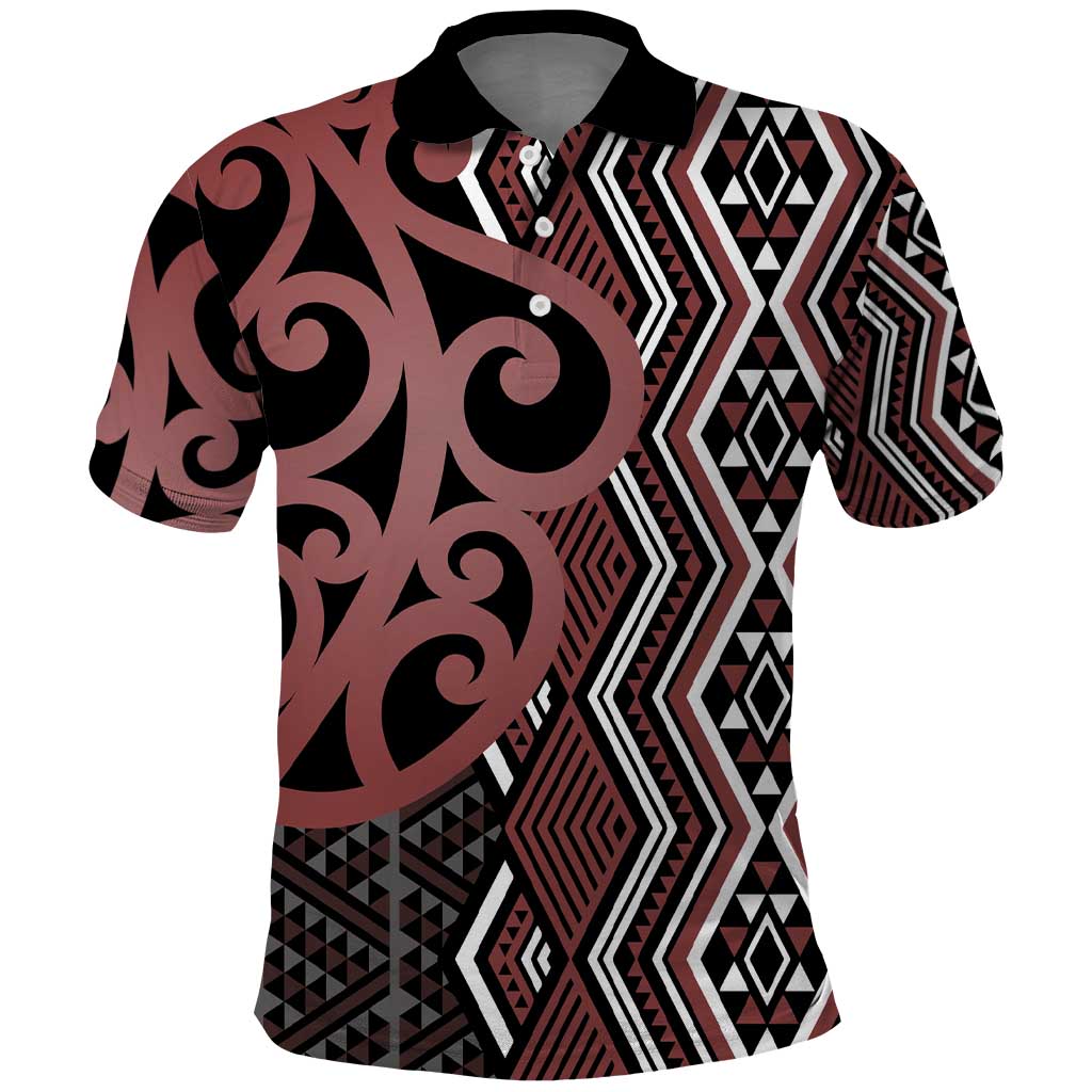 Maori Taniko Patterns Polo Shirt Brown Patiki Motifs Mix Whakairo Ngaru LT7 Brown - Polynesian Pride
