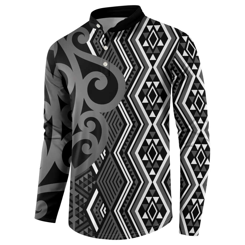 Maori Taniko Patterns Button Sweatshirt Black Patiki Motifs Mix Whakairo Ngaru LT7 - Polynesian Pride