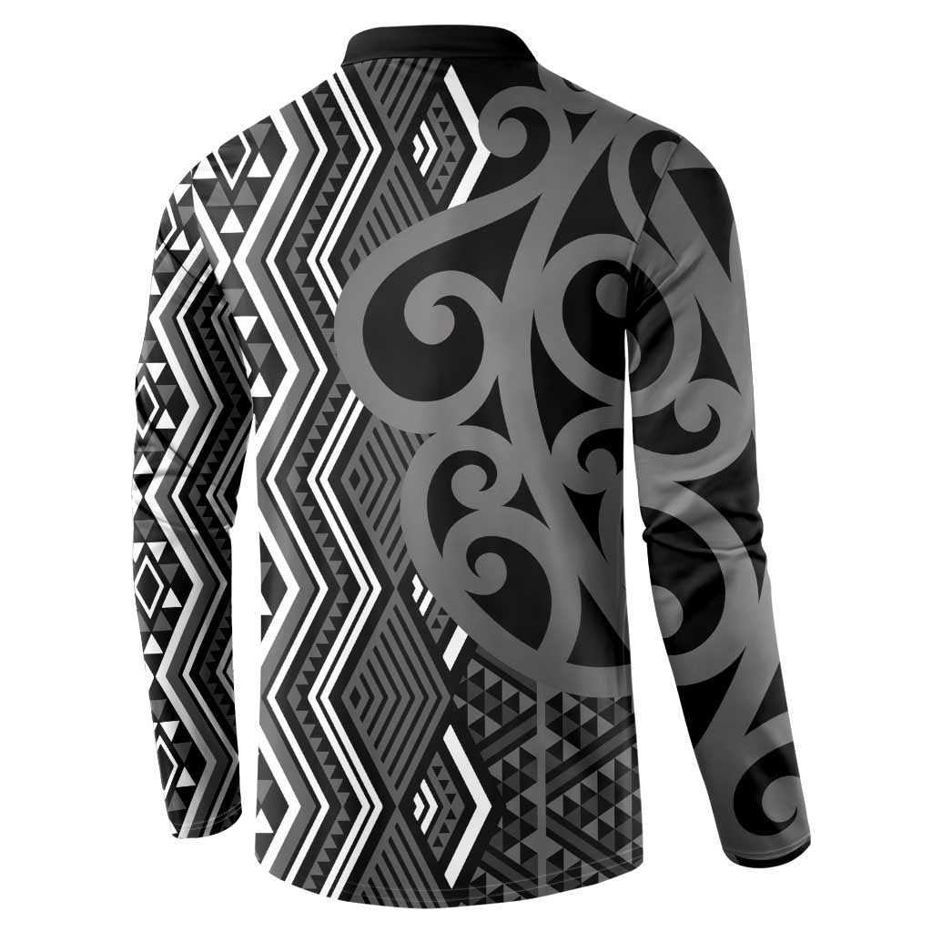 Maori Taniko Patterns Button Sweatshirt Black Patiki Motifs Mix Whakairo Ngaru LT7 - Polynesian Pride