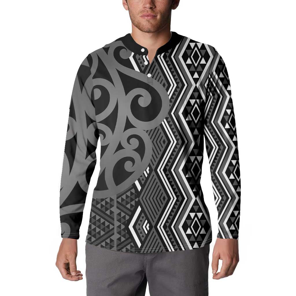 Maori Taniko Patterns Button Sweatshirt Black Patiki Motifs Mix Whakairo Ngaru LT7 - Polynesian Pride