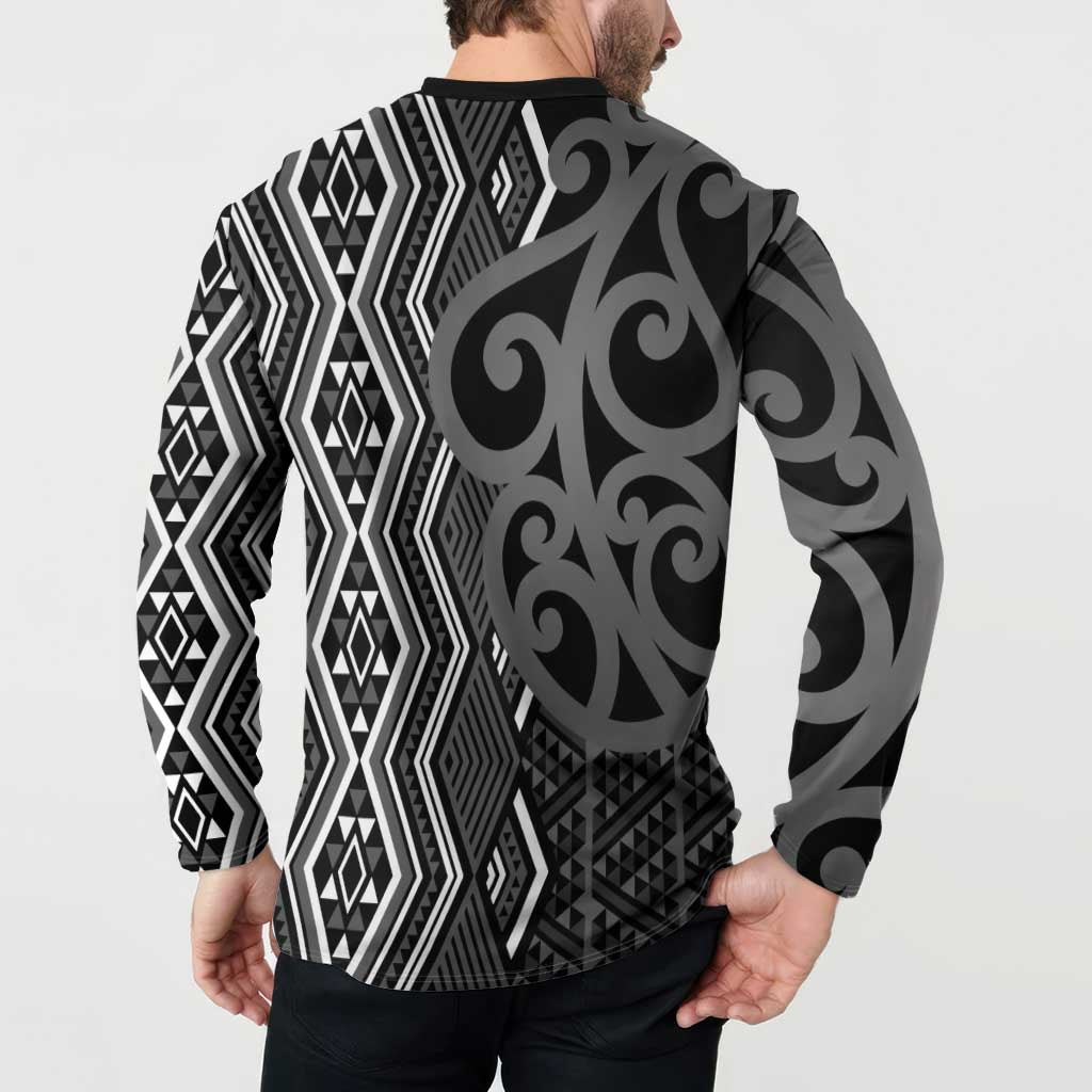 Maori Taniko Patterns Button Sweatshirt Black Patiki Motifs Mix Whakairo Ngaru LT7 - Polynesian Pride