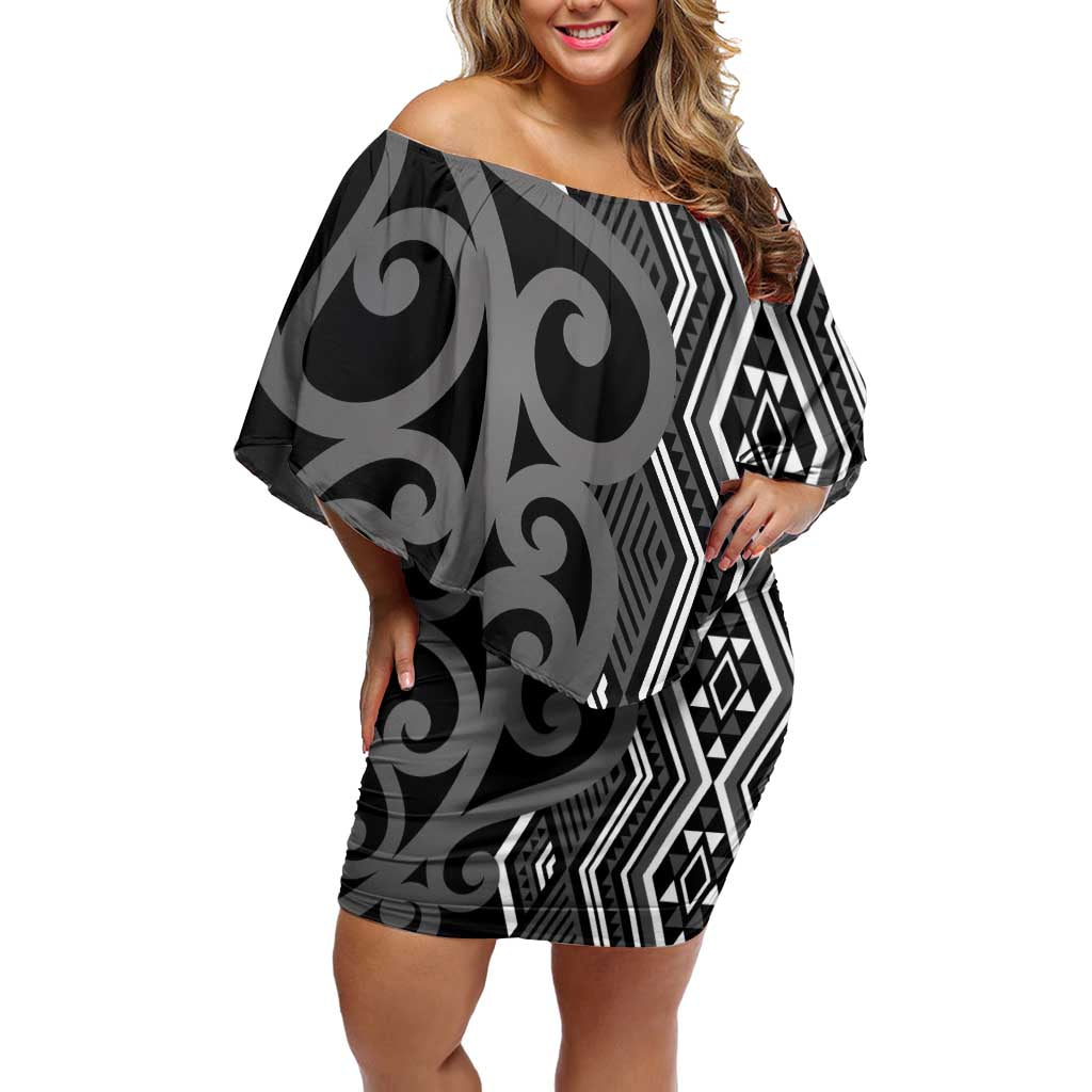 Maori Taniko Patterns Off Shoulder Short Dress Black Patiki Motifs Mix Whakairo Ngaru LT7 Women Black - Polynesian Pride