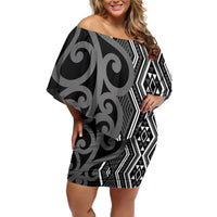 Maori Taniko Patterns Off Shoulder Short Dress Black Patiki Motifs Mix Whakairo Ngaru LT7 Women Black - Polynesian Pride