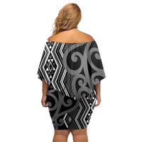 Maori Taniko Patterns Off Shoulder Short Dress Black Patiki Motifs Mix Whakairo Ngaru LT7 - Polynesian Pride