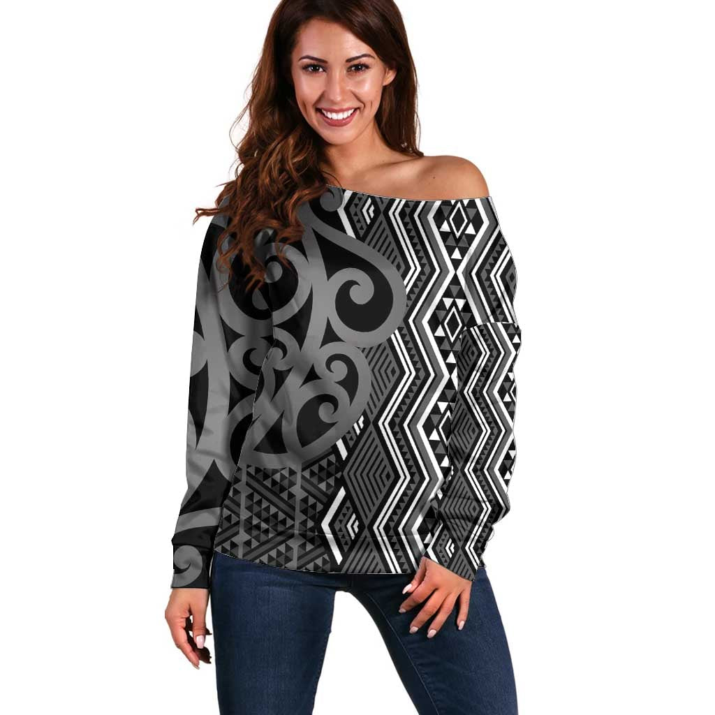 Maori Taniko Patterns Off Shoulder Sweater Black Patiki Motifs Mix Whakairo Ngaru LT7 Women Black - Polynesian Pride