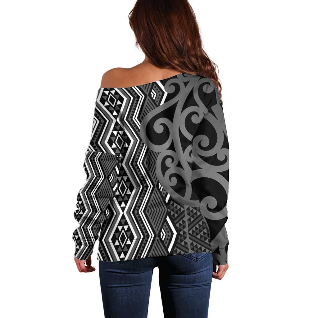 Maori Taniko Patterns Off Shoulder Sweater Black Patiki Motifs Mix Whakairo Ngaru LT7 - Polynesian Pride
