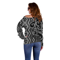 Maori Taniko Patterns Off Shoulder Sweater Black Patiki Motifs Mix Whakairo Ngaru LT7 - Polynesian Pride
