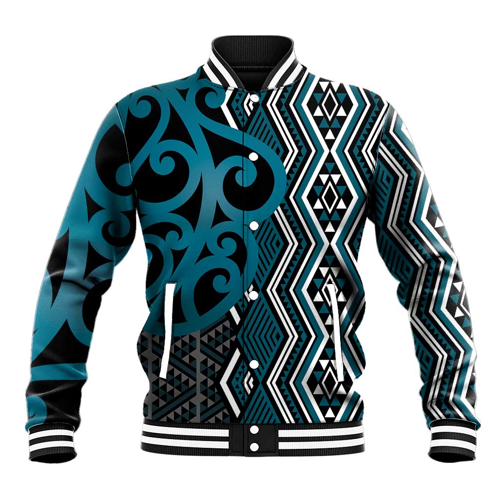 Maori Taniko Patterns Baseball Jacket Azure Patiki Motifs Mix Whakairo Ngaru LT7 Unisex Azure - Polynesian Pride