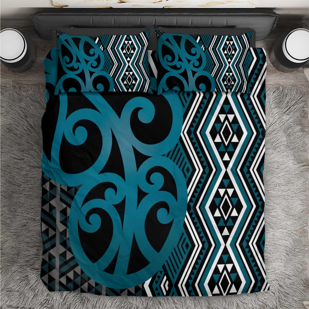 Maori Taniko Patterns Bedding Set Azure Patiki Motifs Mix Whakairo Ngaru LT7 Azure - Polynesian Pride