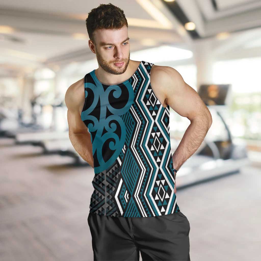 Maori Taniko Patterns Men Tank Top Azure Patiki Motifs Mix Whakairo Ngaru