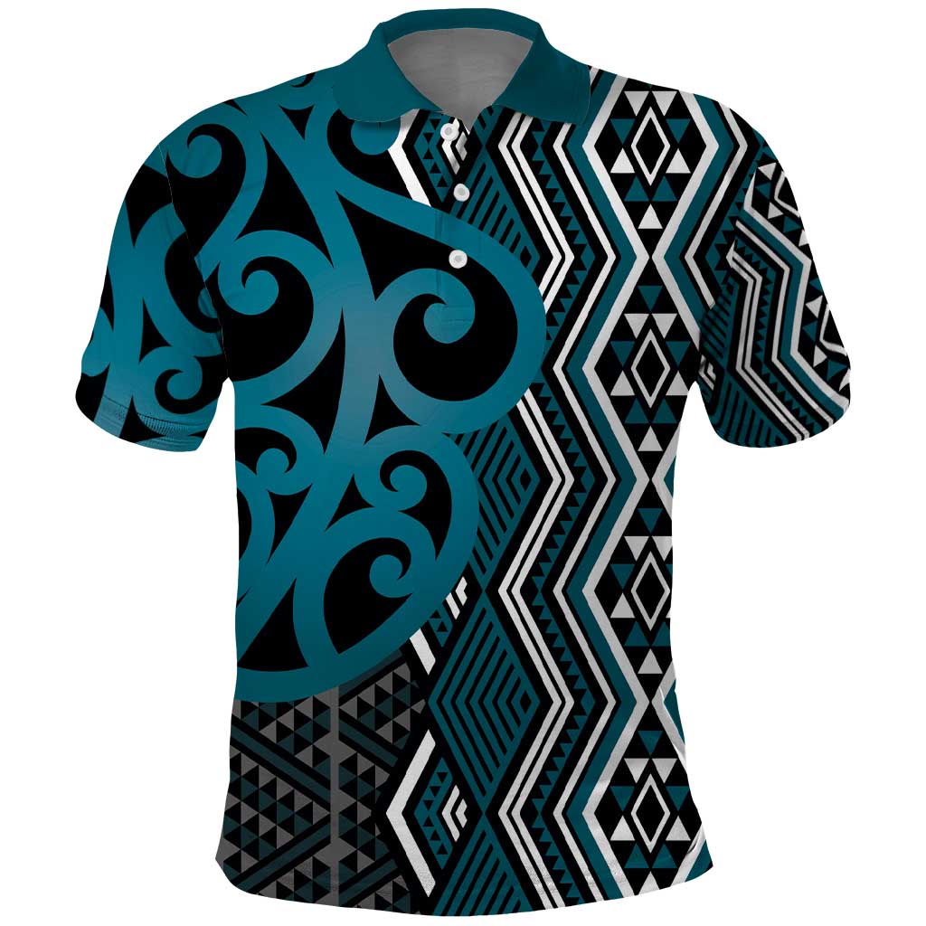 Maori Taniko Patterns Polo Shirt Azure Patiki Motifs Mix Whakairo Ngaru LT7 Azure - Polynesian Pride