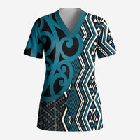 Maori Taniko Patterns Scrub Top Azure Patiki Motifs Mix Whakairo Ngaru LT7 Adult Azure - Polynesian Pride