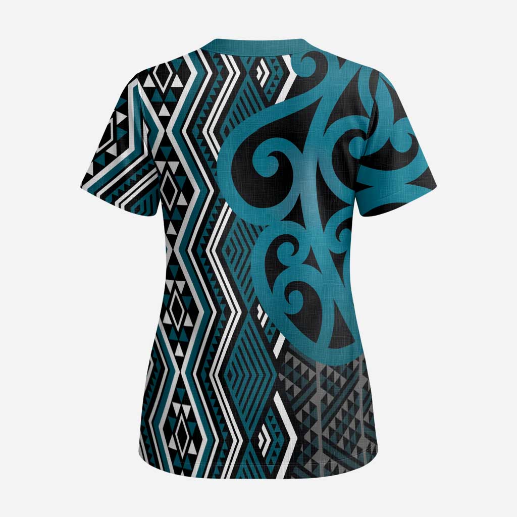 Maori Taniko Patterns Scrub Top Azure Patiki Motifs Mix Whakairo Ngaru LT7 - Polynesian Pride